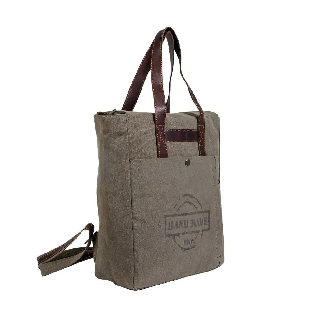 Myra Bag Handmade Yesteryear Backpack Upcycled Canvas & Cowhide Leather